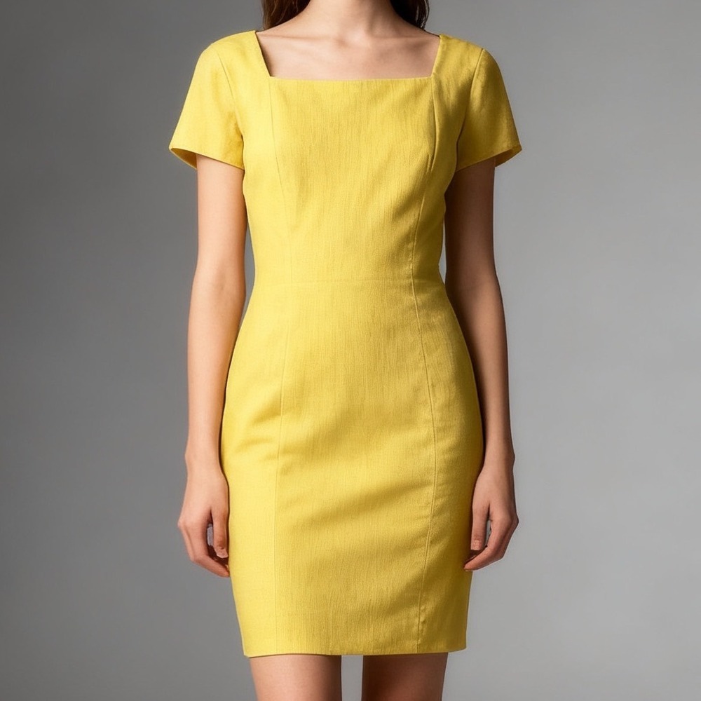 Adrianna Papell Vintage Linen Sheath Dress Yellow Square Neck size 6